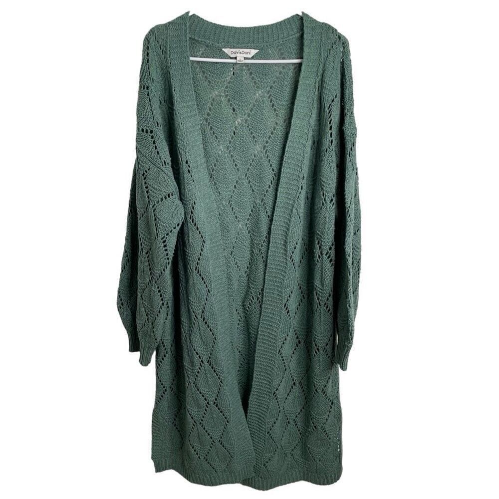 Davi & Dani Womens Cardigan L Oversized Open Weave Side Slit Duster Cottagecore